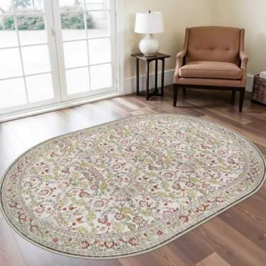 Imagem de Tapete oval 10 x 15 lavável para entrada: corredor floral para quarto - tapete ultra fino resistente a manchas - decoração de casa para amantes de estilo vintage - 10 x 15 oval off-branco/verde/multi