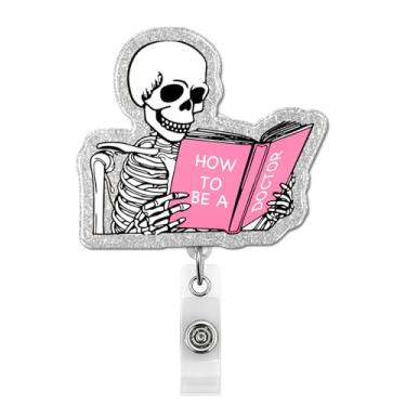 Imagem de Carretel de crachá de esqueleto engraçado retrátil, como ser um suporte de crachá de médico com clipe jacaré, presentes para médicos, trabalhadores de hospitais