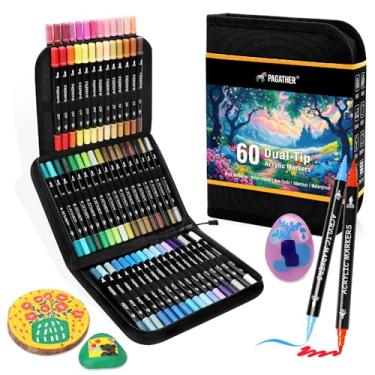 Imagem de Pagather Marcadores de tinta acrílica de 60 cores, ponta dupla com ponta fina e canetas de pincel para pedra, madeira, caligrafia, tela, cerâmica, metal, vidro, pintura rupestre, kit de materiais de
