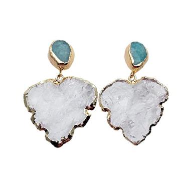 Imagem de 34 x 35 mm Quartzo áspero em forma de folha bruta 13 x 18 mm brincos pendentes de ouro OROAOBOMT