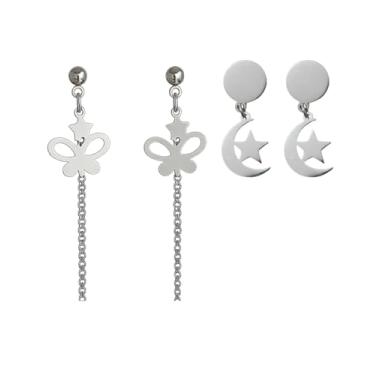 Imagem de kit 2 brincos Brinco de Aço Inoxidável 316L Feminino Borboleta e Lua estrela – Hipoalergênico, Resistente à Água e Moderno - Lindo presente feminino