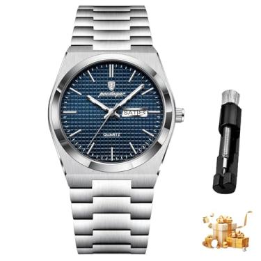 Imagem de Relógio masculino, movimento analógico de quartzo, caixa e bracelete em aço inoxidável, resistente à água, relógio de pulso cronógrafo, mostrador azul prateado