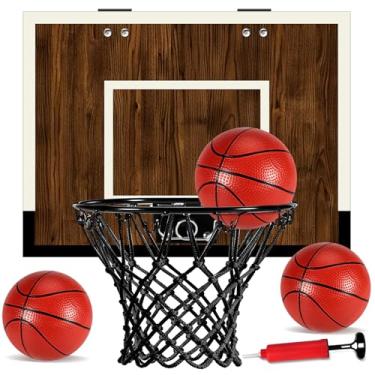 Imagem de Laapee Indoor Mini Basketball Hoop Set – Over The Door with Wood Backboard & Iron Rim – Includes 2 Balls & Air Pump – Anti-Shock Padding – 16"x12"x3" (No-Score Version,Dark Wood Finish)