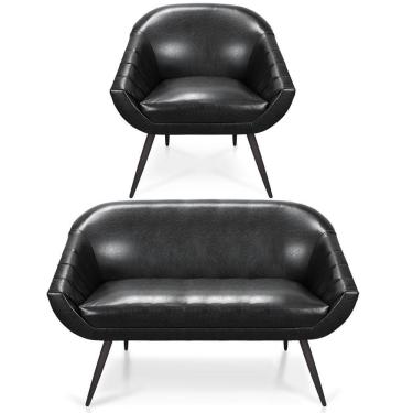 Imagem de Kit 01 Namoradeira 02 Lugares E 01 Poltrona Giovana Corano Preto Pés Palito De Ferro