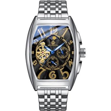 Imagem de DAXIAOYU Relógio masculino com mostrador quadrado grande e caixa dourada, relógio de pulso mecânico esqueleto, pulseira de aço inoxidável, relógio masculino, Prateado, preto, Negócios