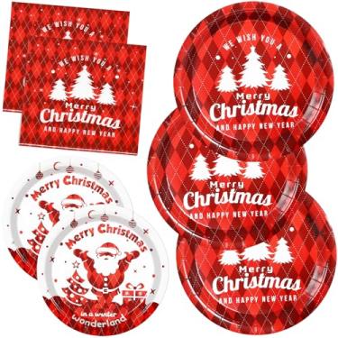Imagem de Gezond 200 peças de pratos e guardanapos de papel de Natal, pratos descartáveis xadrez vermelho para árvore de Natal, prato de jantar na nuvem, prato de sobremesa e guardanapos para festas de fim de