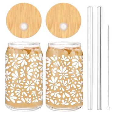 Imagem de FYSUIMU Pacote com 2 copos de vidro Cielito Lindo lata de vidro Platos De Barro Flor Gelada com Canudos para Fiesta Mexicana Cocktails Whisky Beer Soda