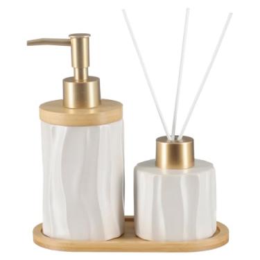 Imagem de Kit Lavabo Banheiro Bambu Aromatizador Saboneteira Líquida 375 (Branco)
