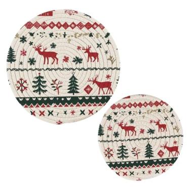 Imagem de Blueangle 2 peças de suporte de panela de trivet de veado de Natal - conjunto de pegadores de panela de tecido redondo - almofadas quentes trançadas de algodão - porta-copos - tapetes de mesa para