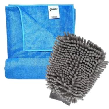 Imagem de Detailer Toalha de Secagem Automotiva 48x88cm com Luva de Microfibra Chenille, Azul, Kit 2 Peças