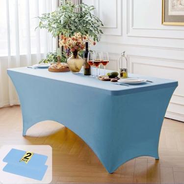 Imagem de FOLINS&HOME Pacote com 2 toalhas de mesa retangulares azuis bebê de 1,8 m com elástico, capa de mesa lavável de elastano resistente à água para mesas de 1,8 m, toalha de mesa elástica para casamentos
