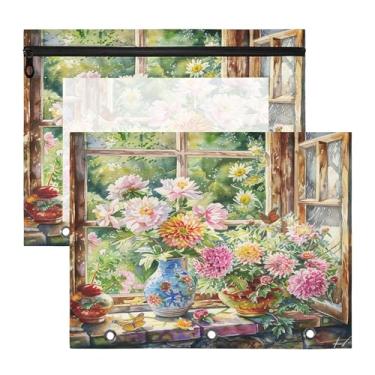 Imagem de SEHANY Pasta de lápis de flores de jardim com 3 anéis - bolsa de documentos com zíper tamanho A4 com janela transparente para sala de aula, escritório, 2 peças
