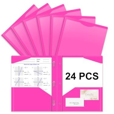 Imagem de Briartw Pasta de plástico resistente com garras para papel tamanho carta - 24 pastas de arquivo rosa com bolso frontal transparente - 2 bolsos e 3 pontas, bem como 2 compartimentos para cartão