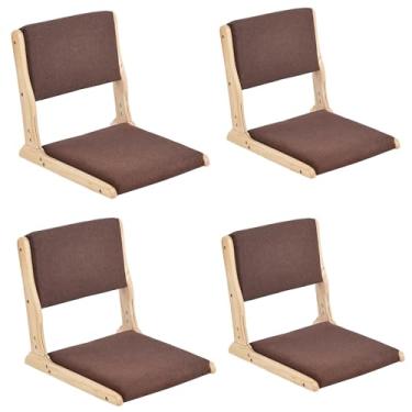 Imagem de Tiita Cadeira de chão com suporte para as costas, cadeiras de tatami de meditação dobrável, cadeira de encosto com almofada, pacote com 4, assento de cadeira de sala de estar, marrom madeira