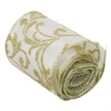 Imagem de Fita de organza com fio com glitter de 2,5 polegadas de largura 2 m de comprimento com padrão de redemoinho de glitter dourado e borda metálica com fio para árvore de Natal, embrulho de presente