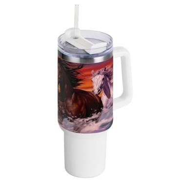 Imagem de Kigai Copo de 1,134 g com tampa e canudo, rebanhos de cavalos de corrida à prova de vazamento, copo com isolamento de aço inoxidável durável com alça, garrafas de água à prova de derramamento para