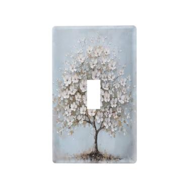 Imagem de Wassud Placa de cobertura de interruptor de luz, capas de tomada decorativas, placa de parede para tomadas elétricas, flor de cerejeira branca, interruptor único 11 x 6 cm