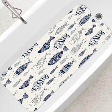 Imagem de SHUCHING Tapete de banho adulto para banheira antiderrapante 101 x 40 cm, tapete de banheira extra longo, antiderrapante, tapete de chuveiro para banheiro, sem mofo, lavável na máquina, peixe azul