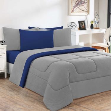 Imagem de Kit Edredom Malha 100% Algodão Gran Moratta 3 Peças Queen - Cinza/Azul Royal