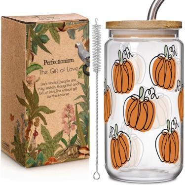 Imagem de Copo de abóbora de outono, 473 ml, copos de vidro com tampas e canudos, copo de café gelado de Halloween, presente para amigos e ela, caneca de ação de graças, presentes de outono, presentes de