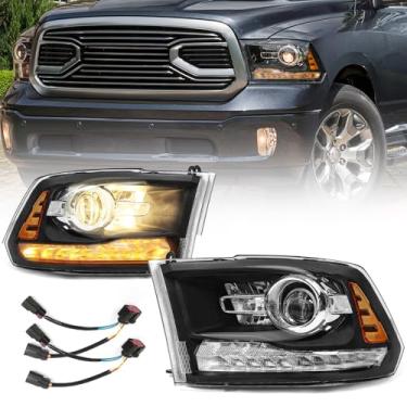 Imagem de MIEF ROD Conjunto de faróis adequado para modelos de projetor Dodge Ram 1500 2500 3500 2013-2018 e modelos de feixes quádruplos 2009-2018 substituição de farol de halogênio com LED DRL (caixa preta)