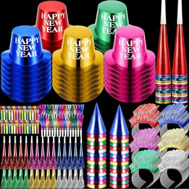 Imagem de Junkin 300 Pcs New Years Eve Party Supplies 2025 Party Kit New Year's Eve Party Favors Include Colorful Top Hats Headbands Blowing Dragon Trumpet for New Year Party Decor Favors