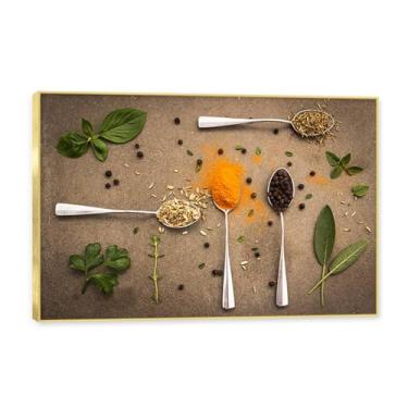 Imagem de NHLDZYH Moldura dourada. Arte de parede em tela de especiarias coloridas e colher de tempero | Decoração de cozinha vintage | Arte moderna para casa e sala de jantar. C06. 40 x 60 cm - 15,8 x 23,7 pol