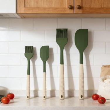 Imagem de Conjunto de 4 espátulas de cozimento, cabo de madeira com cabeça de silicone em forma de diamante, utensílios de cozinha verdes para panelas antiaderentes