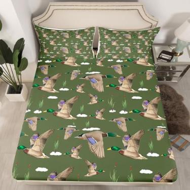 Imagem de jejeloiu Jogo de lençol Queen para meninas, meninos, crianças, pato selvagem, caça, pesca, casa de fazenda, verde, 41 cm, respirável, macio, 3 peças