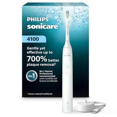 Imagem de Philips Sonicare Escova de dentes elétrica recarregável 4100, com sensor de pressão, 2 configurações de intensidade, SmarTimer e QuadPacer, vida útil da bateria de 14 dias, branca, modelo HX3681/23