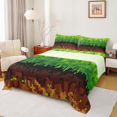 Imagem de Manfei Jogo de cama Pixelated infantil tamanho casal, jogo de cama de videogame quadriculado de patchwork, decoração simples de quarto infantil, lençol verde marrom (com elástico + plano + 2 fronhas)