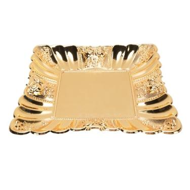 Imagem de Bandeja decorativa dourada organizador de armazenamento de metal em relevo rosa para mesa de centro banheiro quarto sala de maquiagem liga de zinco elegante decoração de casa (Grande 30,5 cm/12 pol.)