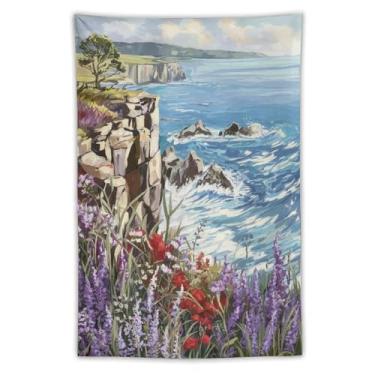 Imagem de Tapeçaria de flores silvestres costeiras Cliffside batendo ondas do mar árvore solitária vibrante paisagem litorânea arte natureza cênica decoração de parede para sala de estar quarto casa espaço ao