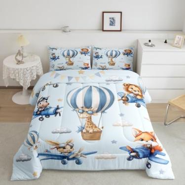 Imagem de Manfei Jogo de cama com estampa de animais fofos, tamanho casal, kawaii, leão, raposa, girafa, zebra, coelho, decoração de quarto de meninos e meninas, estrelas, avião, balão de ar quente, edredom