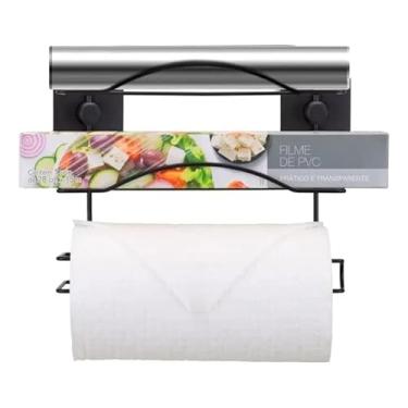 Imagem de Arthi Suporte Porta Papel Toalha de Parede, Aço com Acabamento Poliéster, Preto, 3 Rolos, Sem Furo, Fixação Dupla Face 3M, 23,7 x 7 x 22,7cm