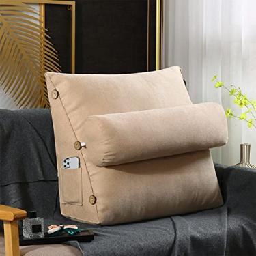 Imagem de Travesseiro de leitura e TV, almofada de cunha traseira com travesseiro de pescoço ajustável e bolsos, travesseiro de leitura para descanso de cama, travesseiro de suporte para as costas, cáqui, 60 x