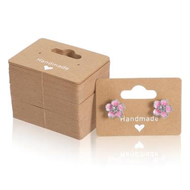 Imagem de 100 peças de cartões de exibição de brincos para vender, cartões de exibição de brinco de 5 cm com orifícios, papel kraftpaper marrom feito à mão com impressão de amor exibe etiquetas de cartão para