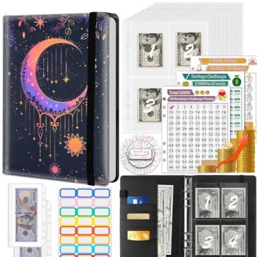 Imagem de Fichário para economizar dinheiro, 100 envelopes, desafio de economia de dinheiro, fichário de orçamento e 3 rastreadores de orçamento, livro de couro PU A5 para economizar dinheiro, sol e lua