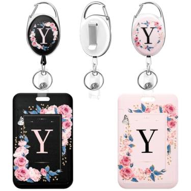 Imagem de Soleebee Pacote com 2 porta-crachás de identificação A-Z com carretel retrátil, lindos emblemas de identificação preto e rosa, chaveiro durável, carretel de crachá resistente para enfermeiras