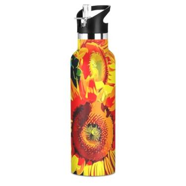 Imagem de Garrafas de água de aço inoxidável de 590 ml com tampa e alça de palha, garrafa de água escolar à prova de vazamento para meninos, copos de viagem isolados a vácuo de parede dupla para crianças, tinta