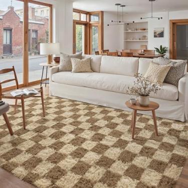 Imagem de PureCozy Tapete xadrez 12 x 18 cm para sala de estar, tapete felpudo moderno marrom super macio, lavável, tapete felpudo antiderrapante para quarto, casa, decoração estética