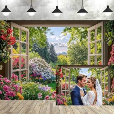 Imagem de Fotografia de fundo de janela de jardim, decoração de paisagem de natureza floral de primavera, cenário de banner, decoração colorida de jardim, casamento, aniversário, festa de família, adereços de