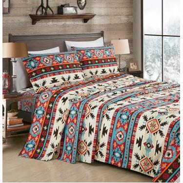Imagem de Chezmoi Collection Jogo de lençol solteiro com tema geométrico do sudoeste de 3 peças, tamanho GG, multicolorido, vermelho, marrom, azul, creme, microfibra escovada, leve, respirável, lençol de cama