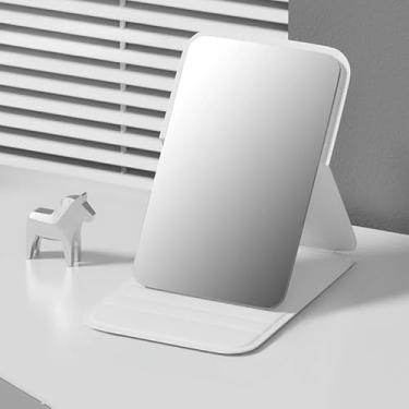 Imagem de Espelho de maquiagem dobrável portátil - Mini espelho compacto minimalista, viagem de alta definição para retoques e uso no dormitório (branco)