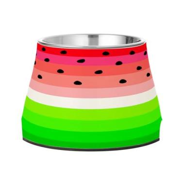 Imagem de CEBUGI Tigelas de aço inoxidável para cães e gatos, resistentes à ferrugem, removíveis, para cães e gatos, tigela elevada antiderrapante para alimentação de cães e gatos, grão de melancia