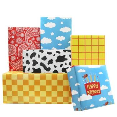 Imagem de Conjunto de papel de embrulho jeans e faroeste – 6 folhas exclusivas de 68,5 x 50,8 cm com estampa de caubói, aniversário, paisley, xadrez e vaca para festas de fazendas e fazendas ocidentais