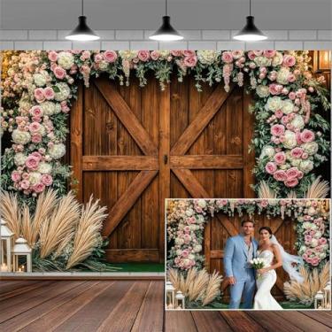 Imagem de Pano de fundo floral de casamento rústico para chá de panela, flores brancas e rosas, boêmio, decoração de festa de aniversário, decoração de festa de aniversário, fundo de mesa de bolo