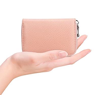 Imagem de Carteira de couro genuíno com bloqueio de RFID, porta-cartões com zíper para homens e mulheres, carteira com chaveiro, Rosa claro, Carteira de cartão