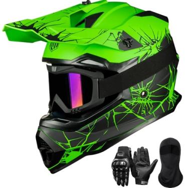 Imagem de ILM Capacetes de bicicleta suja adultos homens mulheres motocross ATV capacete off-road com óculos luvas máscara DOT modelo WS901 (preto verde, 2GG)