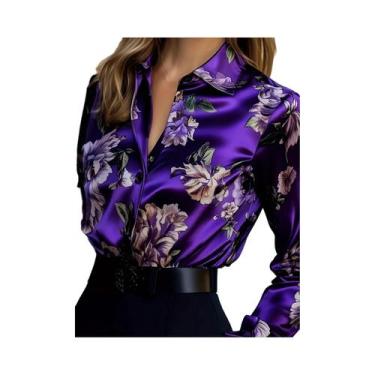 Imagem de Camisa Feminina De Cetim Com Estampa Floral, Decote Em V, Manga Longa,